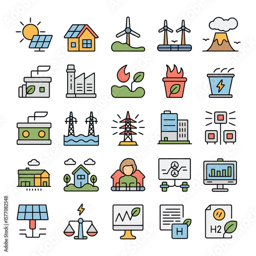 Colorful Vector Icons Set Illustrating Renewable and Non Renewable Energy Sources Power Generation Transmission Smart Grid Technologies Sustainability Concepts Including Solar