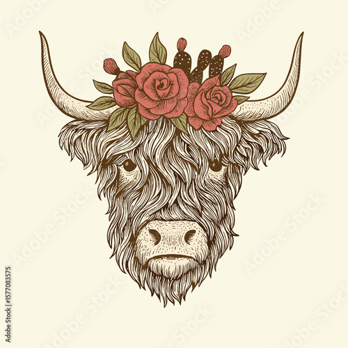 Highland Cow With Floral Crown Illustration For Vintage T-Shirt Design