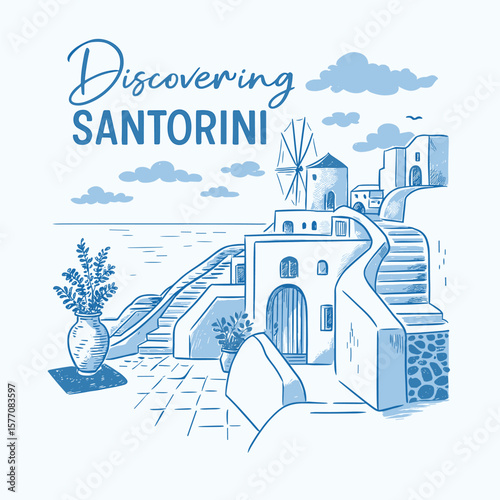 Discovering santorini greek island cliff house t-shirt illustration