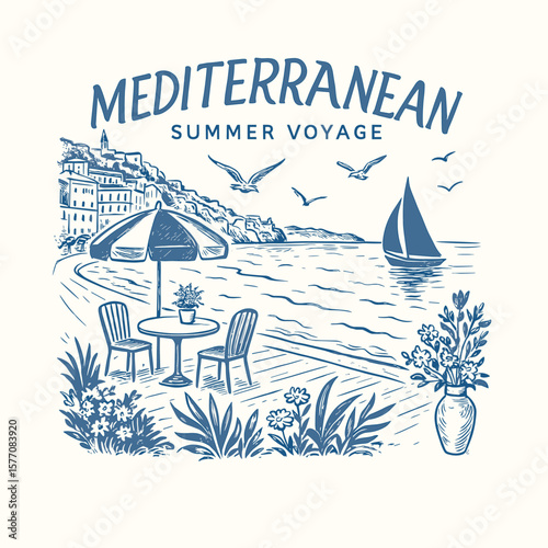 Mediterranean summer voyage sea coast dining table t-shirt illustration