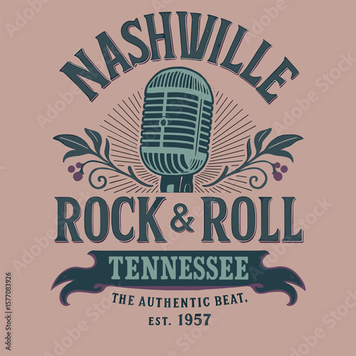Nashville rock and roll tennessee microphone vintage t-shirt design
