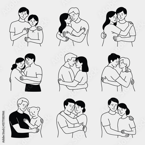 Nine Minimalist Line Drawings of Couples Embracing Showing Affectionate Poses and Intimate Moments Featuring Black Outlines on a Light Gray Background