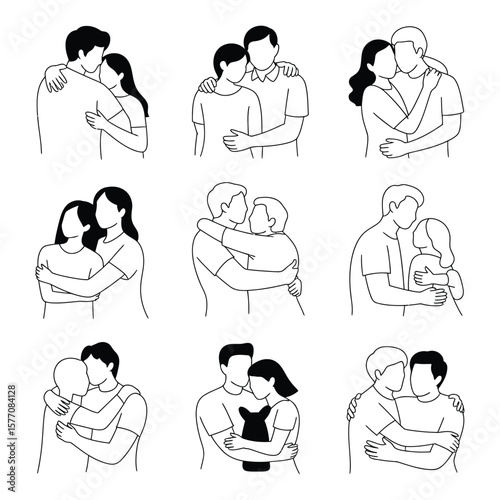 Nine Minimalist Line Drawings of Couples Embracing Showing Affectionate Poses in Black and White