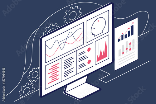 Isometric view of a computer monitor displaying various charts and graphs with gears in background