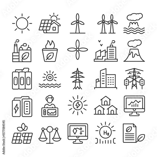 Thirty Black Line Icons Illustrating Renewable and Non Renewable Energy Sources Power Generation Transmission Consumption Environmental Sustainability and Energy Efficiency