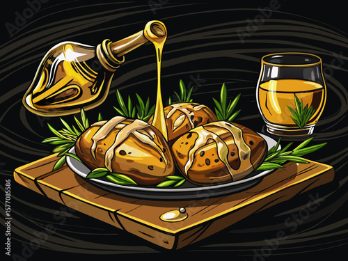 vector of A glass bottle slowly pours a generous amount of olive oil over delicious baked potatoes in their skins, seasoned with rosemary, on a black stone board.