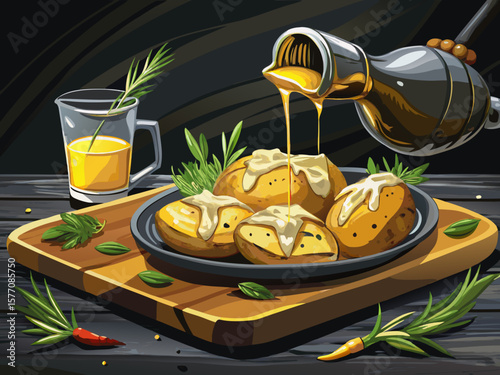 vector of A glass bottle slowly pours a generous amount of olive oil over delicious baked potatoes in their skins, seasoned with rosemary, on a black stone board.