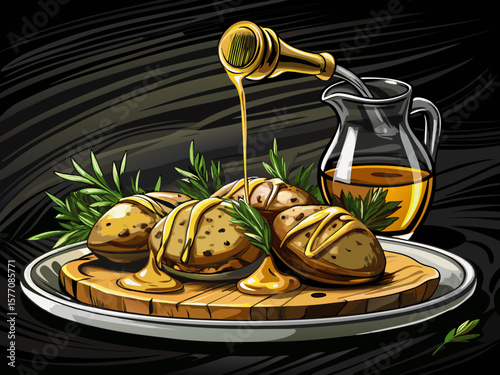 vector of A glass bottle slowly pours a generous amount of olive oil over delicious baked potatoes in their skins, seasoned with rosemary, on a black stone board.