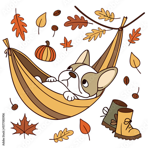 Delightful Bashful French Bulldog in a Autumn scene with in a hammock – Autumn Leaves vector illustration