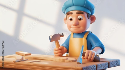 Carpenter cartoon nailing wooden board