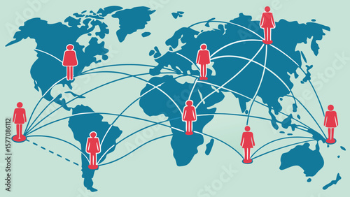 Global network of women connected across continents on a world map with connecting lines shown
