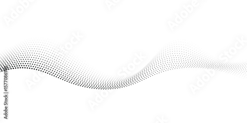 Flowing dots particles wave pattern halftone gradient curve shape isolated on white background.
