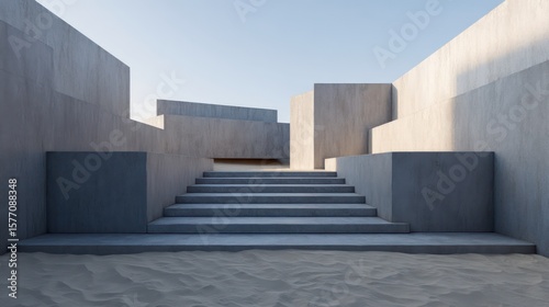 Terraced open-air concrete event space with staggered walls casting tiered shadows strong ambient occlusion on textured stairs color