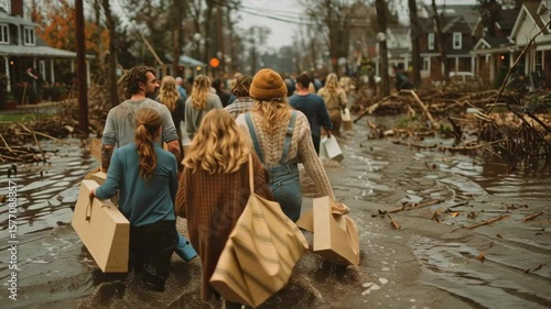 A group of neighbors helping each other clear debris from their homes after floodwaters recede, teamwork, determined, natural daylight, emphasizing community spirit, cinematic,