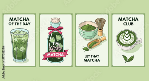 Matcha Beverage Collection Illustrated Posters for Cafe, Restaurant, or Home Decor.