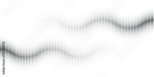 Black dotted wave line pattern. Halftone undulate net background. Abstract stipple particle flow wallpaper. Curved dashed gradient element for poser, banner, presentation, booklet, flyer. Vector