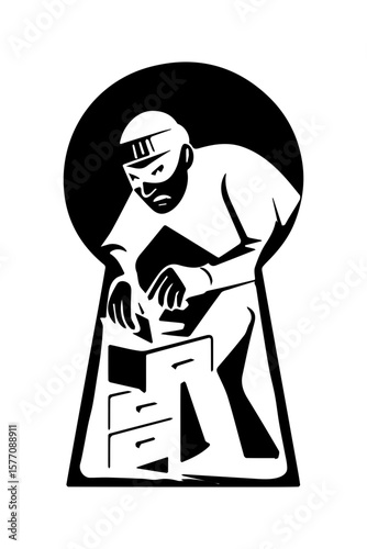 Caught red-handed: A burglar broke into a house while handling stolen goods. View through the keyhole.