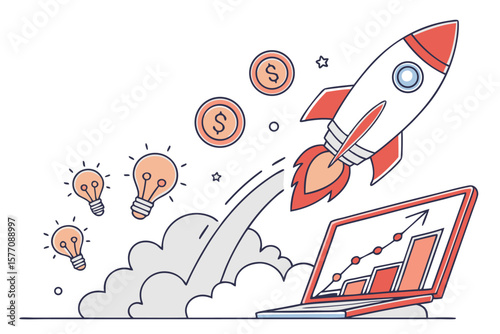 Illustration showing a rocket launching from a laptop with ideas and money surrounding it alluding to success