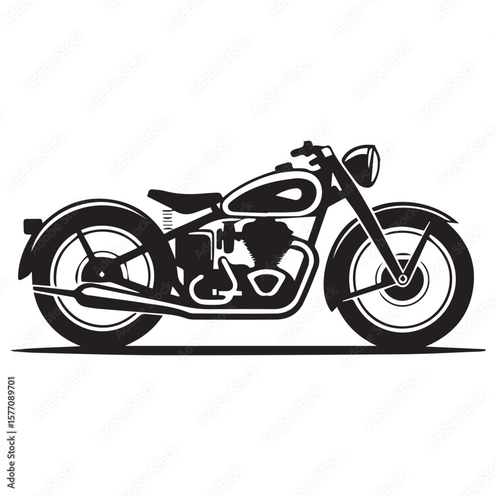 Fototapeta premium Classic black silhouette of a vintage motorcycle with a detailed engine and chrome accents on a white background