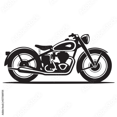 Classic black silhouette of a vintage motorcycle with a detailed engine and chrome accents on a white background