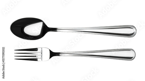 A polished silver spoon and fork set with reflective surfaces and elegant, rounded handles.