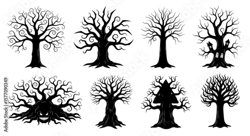 Spooky Silhouette Trees A Collection of Bare, Creepy Forest Trees for Halloween Designs and Eerie Autumn Landscapes