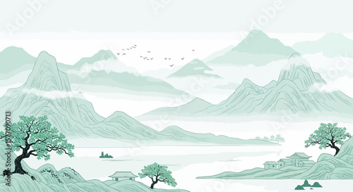 Serene Asian Landscape Illustration Misty Mountains and Tranquil Waterscape