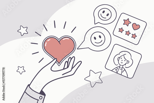 Hand holding a heart with radiating lines surrounded by speech bubbles and star icons art style
