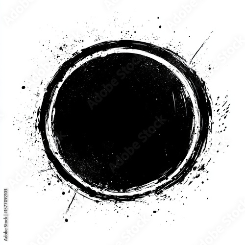 Grunge Black Ink Circle Frame with Splatter Effect and White Background, Vector Design Element with Unique Texture and Artistic Look