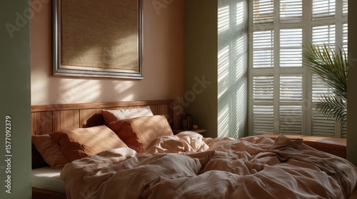 Warm blush and dusty green bedroom with natural jute accents filtered morning light casting patterned shadows shutters textile