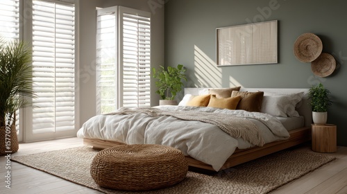 Warm blush and dusty green bedroom with natural jute accents filtered morning light casting patterned shadows shutters textile