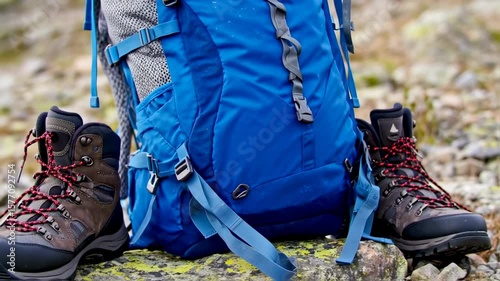 Hiking gear with sturdy blue backpack and hiking boots on rocky terrain background