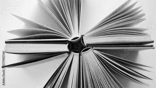 Open books fanned out in black and white pages