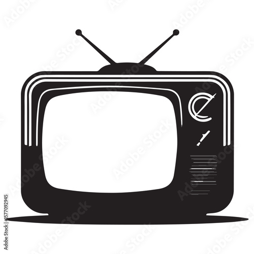 Stylized black silhouette of a vintage television set with rabbit ear antennas and a blank screen on a white background