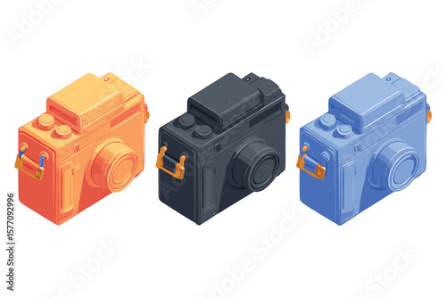 a collection of isometric travel suitcases in bold solid colors, featuring compact orange, black, and blue luggage