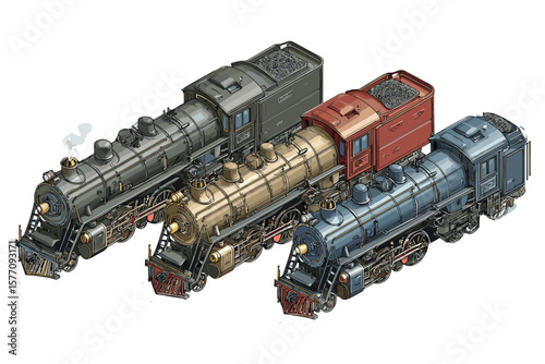a variety of isometric vintage trains, featuring steam and diesel locomotives in dark industrial colors
