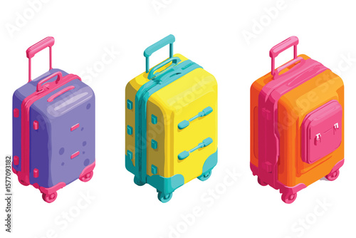 a colorful set of isometric travel suitcases, featuring upright rolling luggage with handles