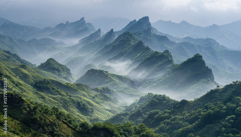 Fototapeta premium Verdant mountain ranges disappear into the mist on a cloudy, overcast day