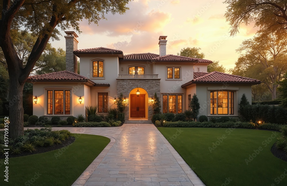 Obraz premium Grand two-story house blends modern, traditional architectural styles. Well-maintained lawn with central pathway leads to main entrance. Large windows, gray roof, stately gray door create harmonious