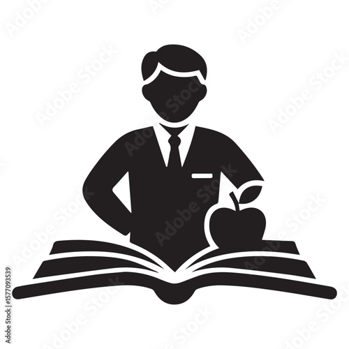 Stylized black silhouette of a person in a suit and tie standing behind an open book with an apple on the right side