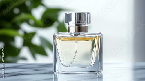Elegant glass perfume bottle on a marble surface.