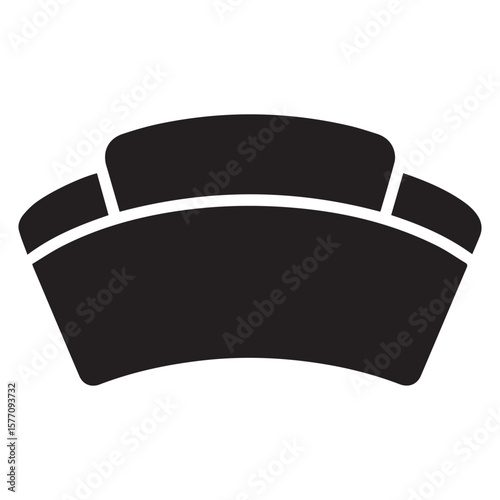 Simple black silhouette of a traditional nurse cap with a curved brim and a white band across the front