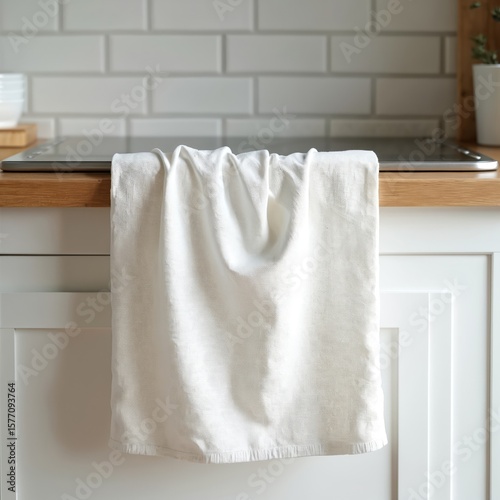 White linen dish towel hanging on stainless steel rail in cozy kitchen. Wooden shelf above white tile backdrop, wooden spoon on counter. Blank wrinkled towel template for mock up.
