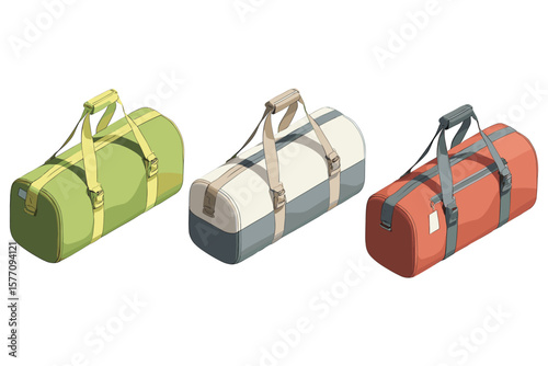 set of isometric duffle bags for travel and gym use, featuring soft fabric luggage in minimal 3D style