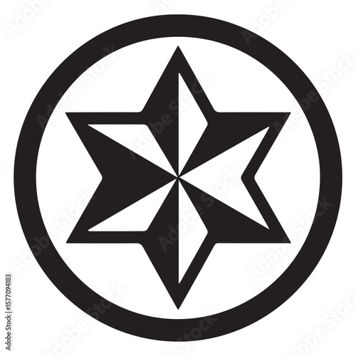 A striking black six pointed star symbol enclosed within a thick black circle on a clean white background
