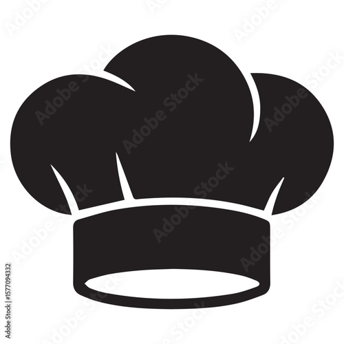 A simple black silhouette of a traditional chef s hat with a tall pleated crown and a flat brim isolated on a white background