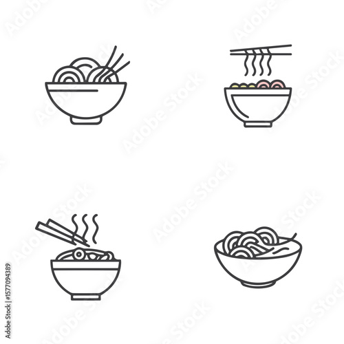 Ramen bowl icon set for food blogs, restaurant menus, Asian cuisine websites, culinary clipart, educational materials, and presentations