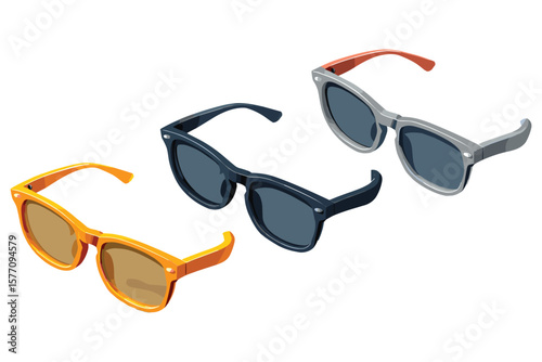 variety of isometric sunglasses for summer fashion design, featuring colorful stylish eyewear in flat 3D style
