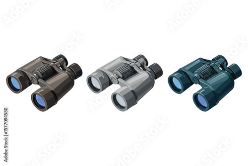 set of isometric binoculars for travel and adventure design, featuring compact optical gear in flat 3D style