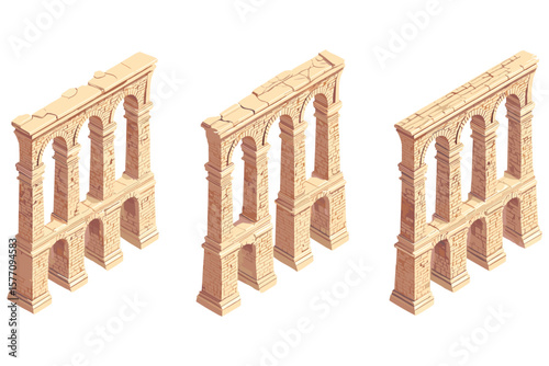 variety of isometric roman columns for classical architecture design, featuring decorative stone pillars in flat 3D style